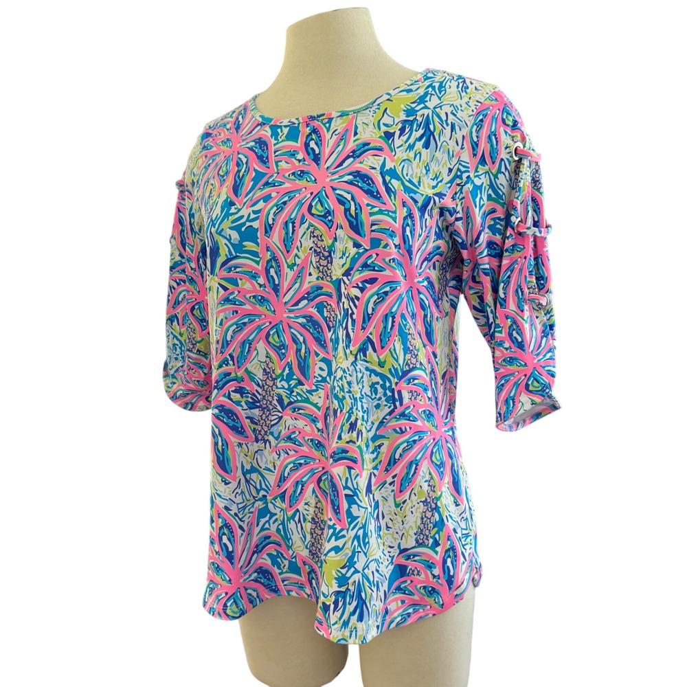 Lulu-B Tropical Palm Print Top Womens Small Blue Pink 3/4 Sleeve Grommet Resort
